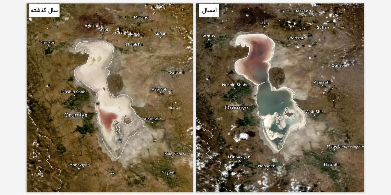 تصویر ماهواره‌ای جدید از دریاچه ارومیه نشانگر افزایش چشمگیر سطح آب در مقایسه با سال گذشته است!