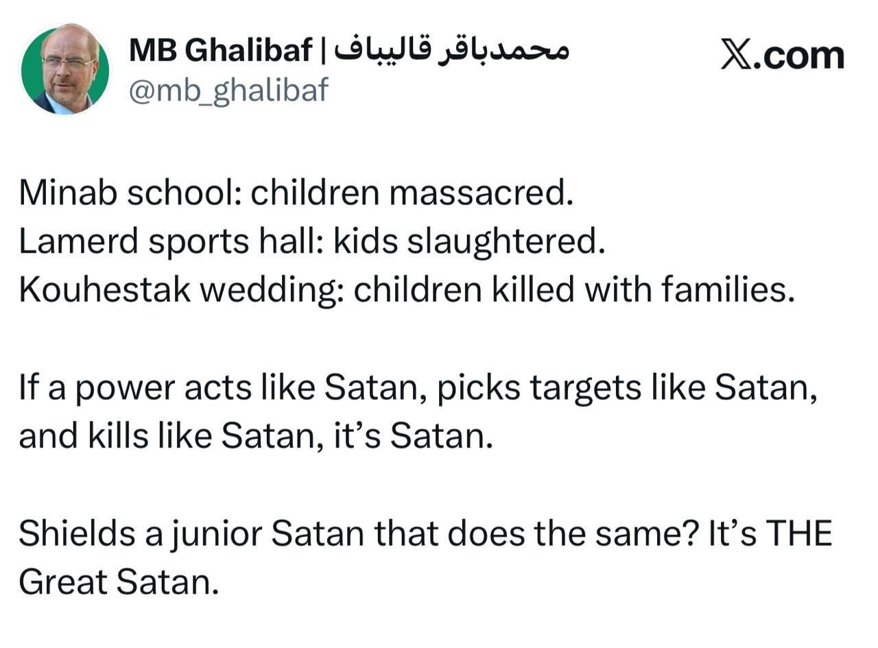 قالیباف: تمام اقدامات آمریکا به تقلید از شیطان و خود او «شیطان بزرگ» است